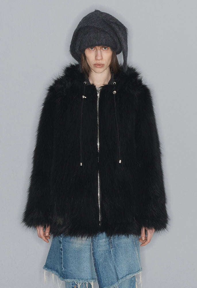 OPEN YY REVERSIBLE FAUX FUR HOOD JACKET BLACK