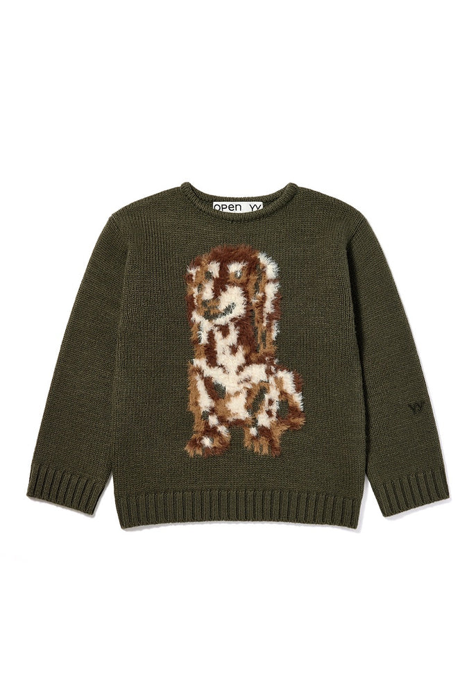 OPEN YY SHAGGY JACQUARD DOG SWEATER KHAKI