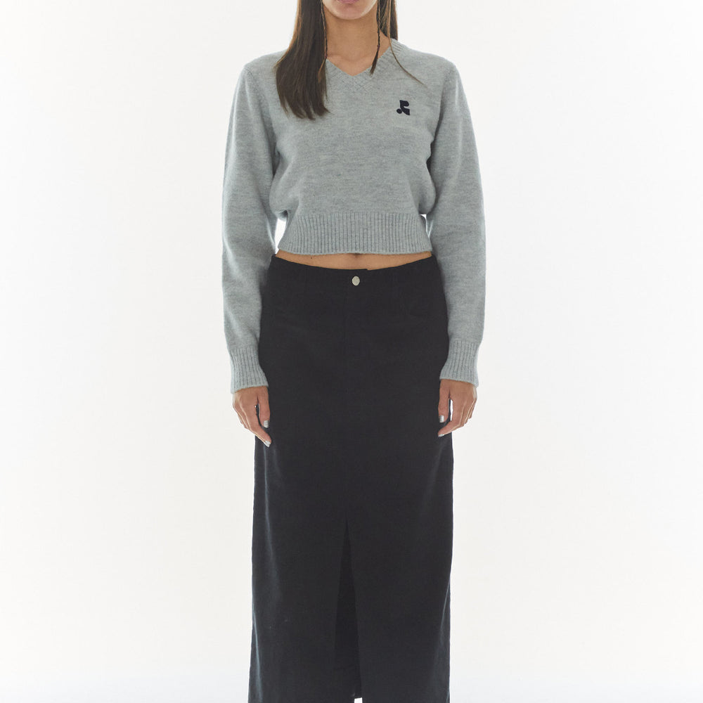 WOOL V-NECK CROPPED KNIT - GRAY