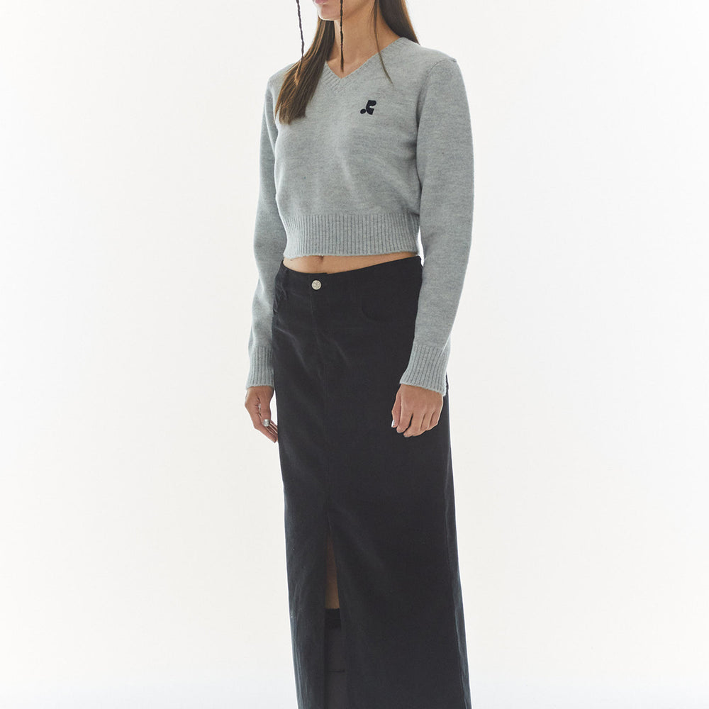 WOOL V-NECK CROPPED KNIT - GRAY