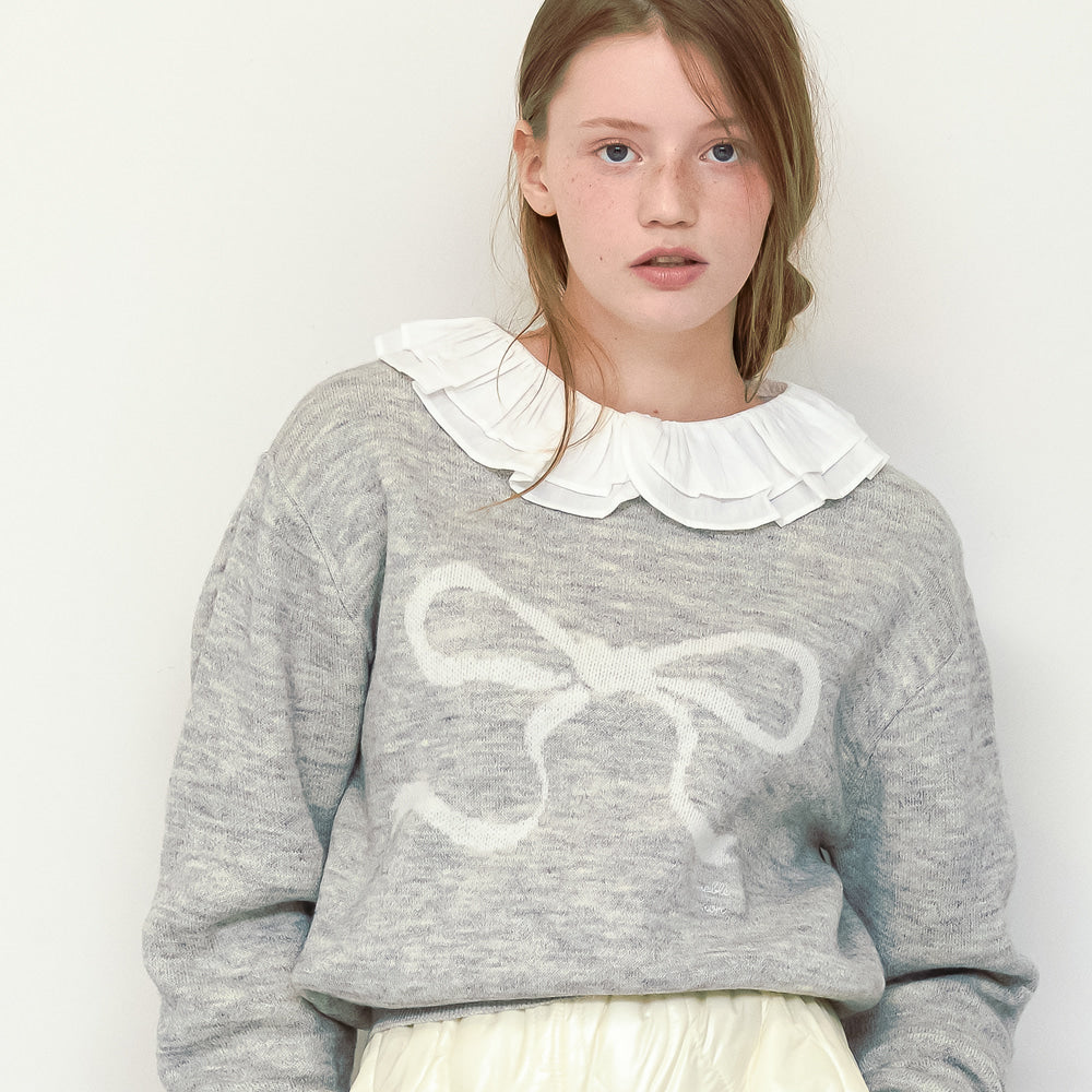 RONRON HEART RIBBON JACQUARD KNIT MELANGE GREY