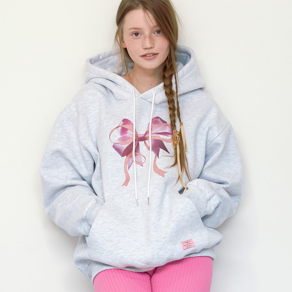 RONRON DOUBLE RIBBON OVERSIZED HOODIE WHITE MELANGE