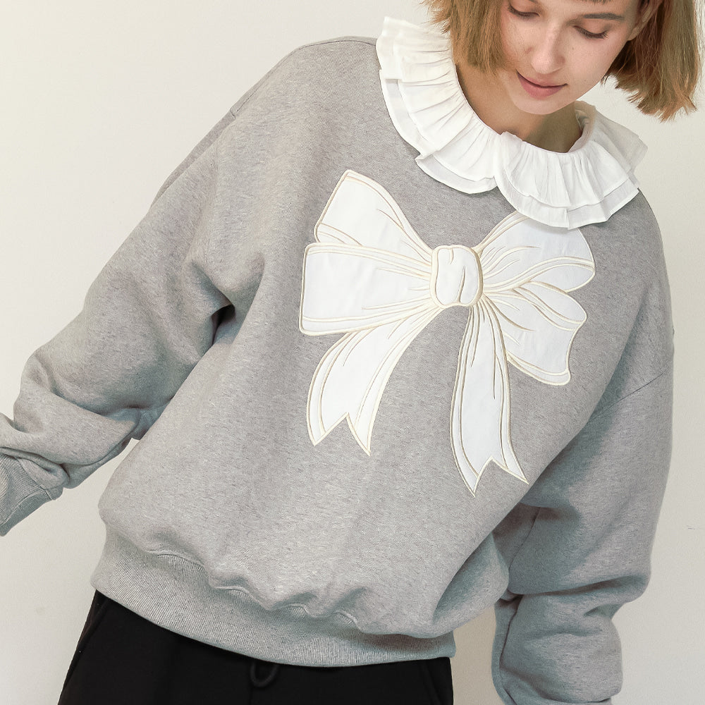 RONRON BIG RIBBON APPLIQUE SWEATSHIRTS GREY