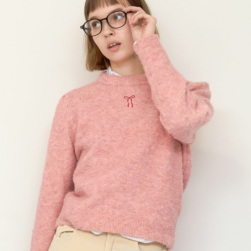 RONRON HEART RIBBON PUFF KNIT SOFT PINK