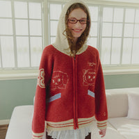 RONRON FURRY FRIENDS KNIT HOOD ZIP UP RED