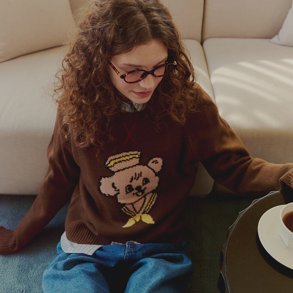 RONRON FURRY BEAR JACQUARD PULLOVER KNIT BROWN