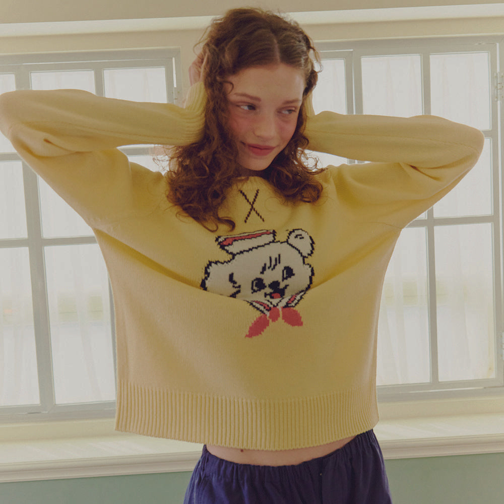 RONRON FURRY BEAR JACQUARD PULLOVER KNIT YELLOW