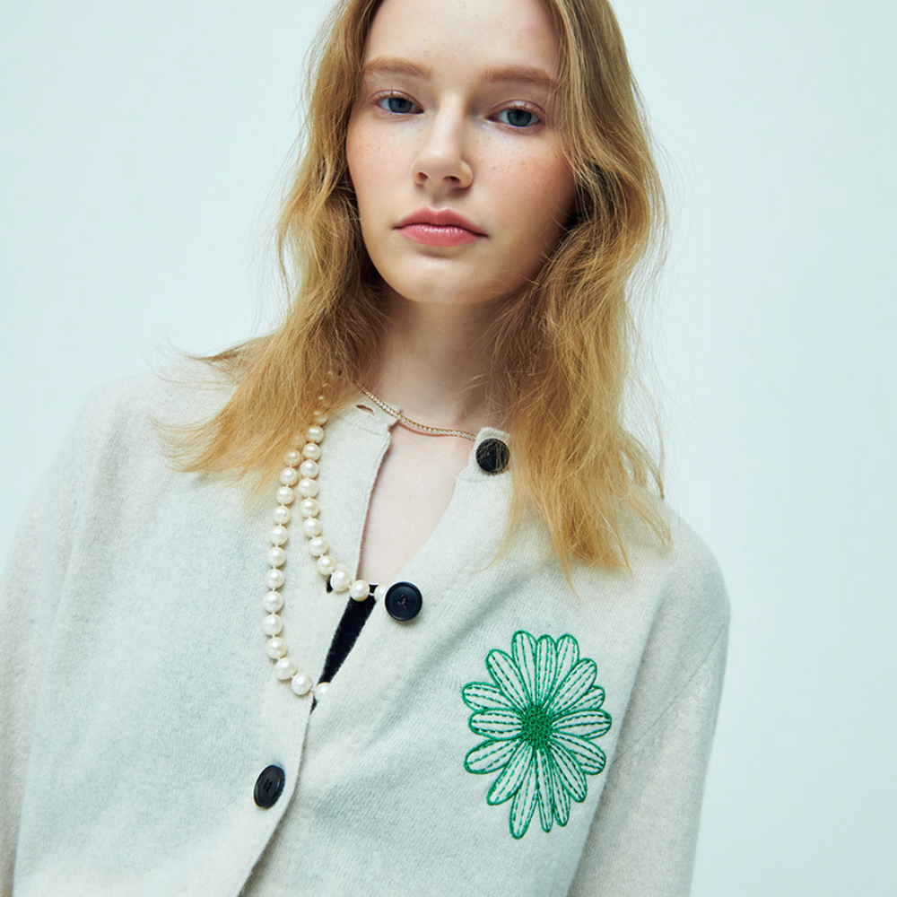 MARDI CASHMERE BLENDED CARDIGAN ROUND NECK_IVORY GREEN