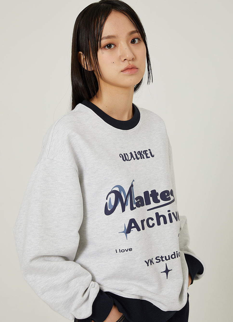 WAIKEI Typography Ringer Sweatshirts MELANGE WHITE