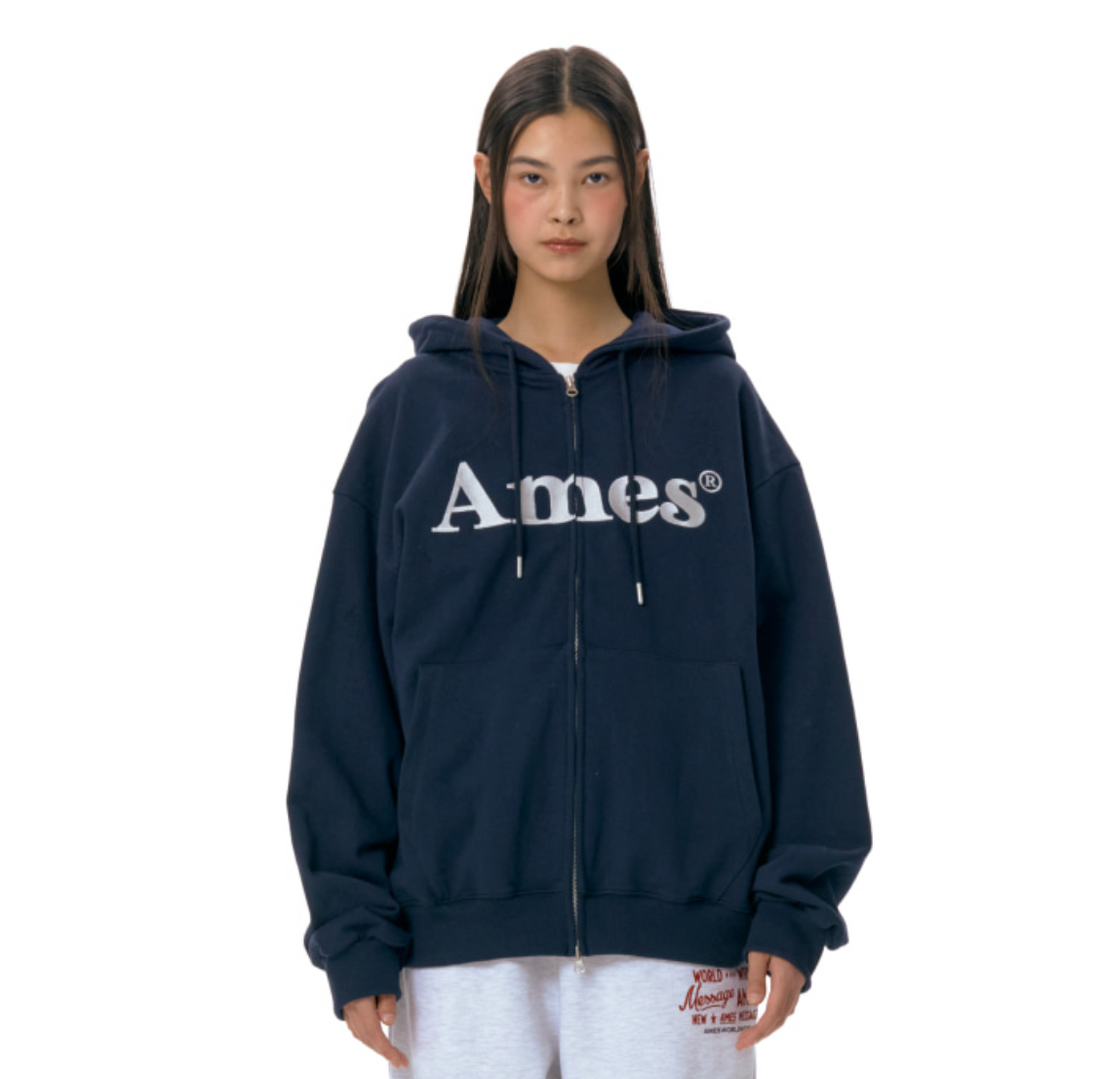 AMES BASIC LOGO HOODIE ZIP UP NAVY