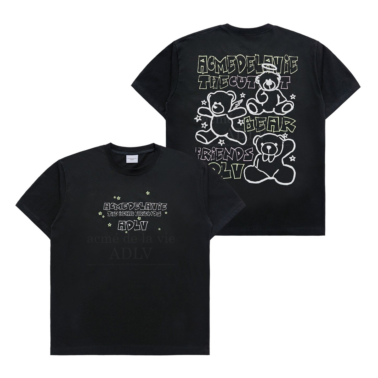 ADLV BEAR FRIENDS DOODLE ARTWORK SHORT SLEEVE T-SHIRT BLACK