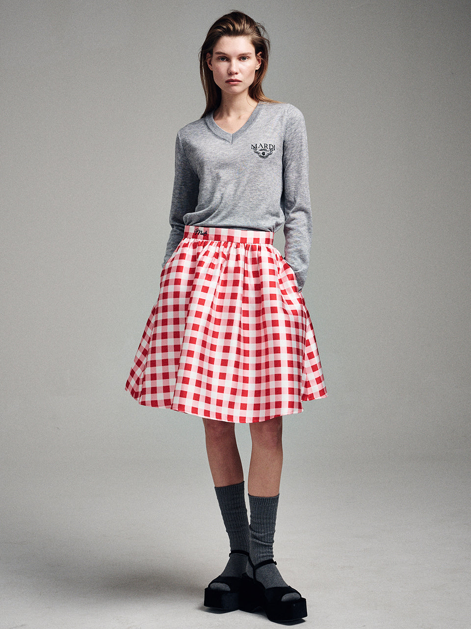 MARDI VOLUME MIDI SKIRT MICADO GINGHAM PLAID_RED