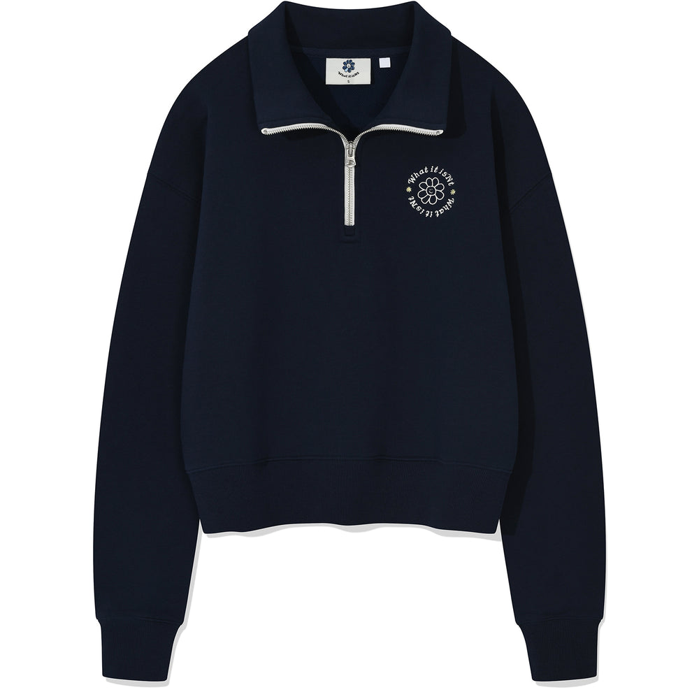 Flory Embroidery Half Zip Up Navy