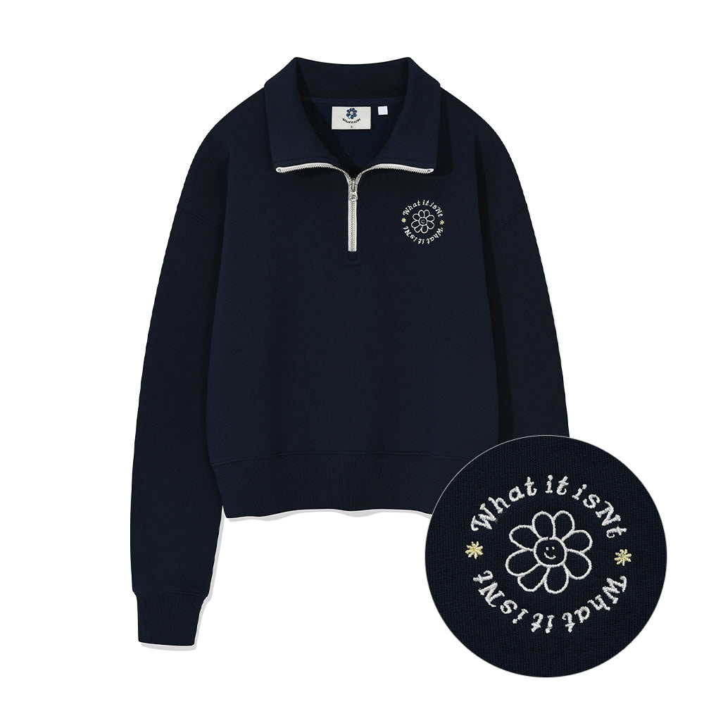 Flory Embroidery Half Zip Up Navy