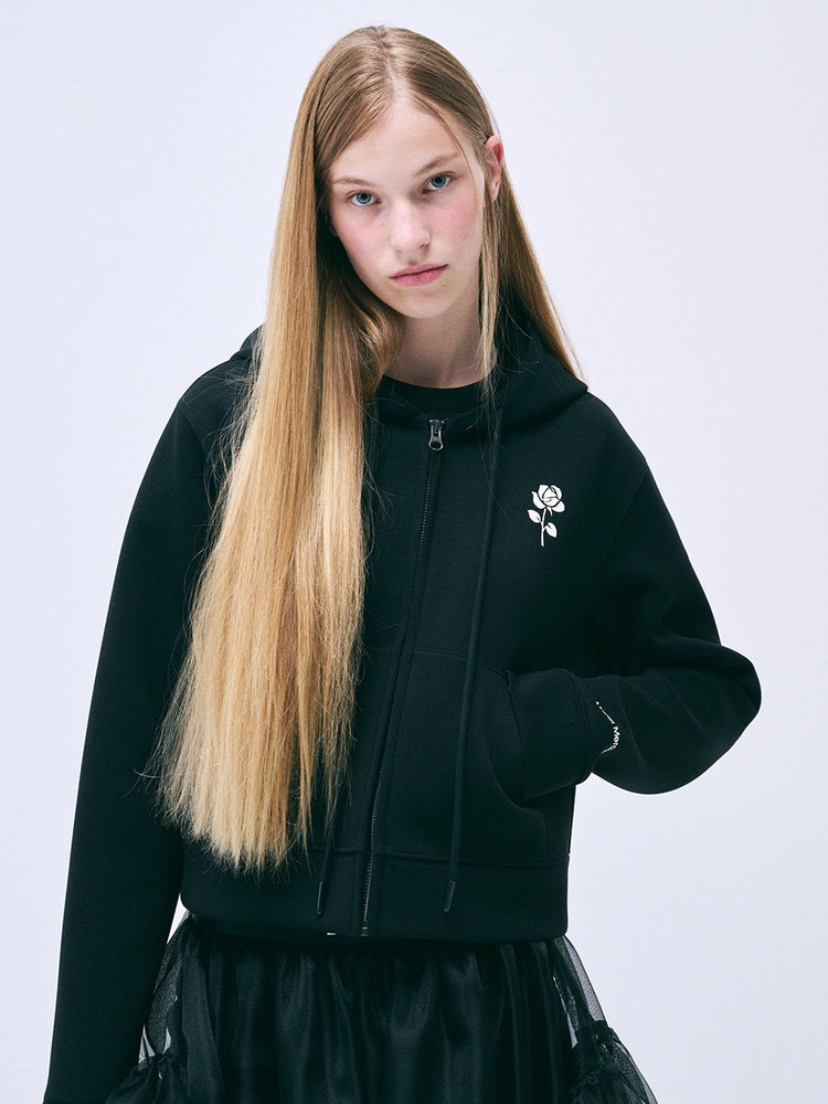 MARDI NEOPRENE CROPPED HOODY ZIP UP UNE ROSE_BLACK IVORY