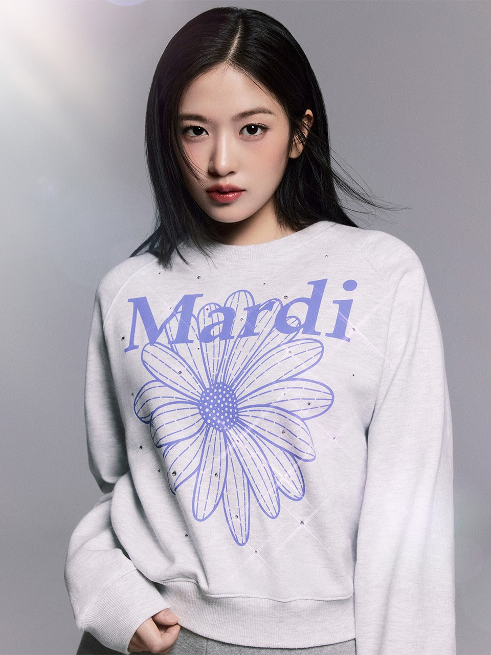 MARDI SWEATSHIRT RAGLAN FLOWERMARDI STONE EMBELLISHED_HEATHER PURPLE