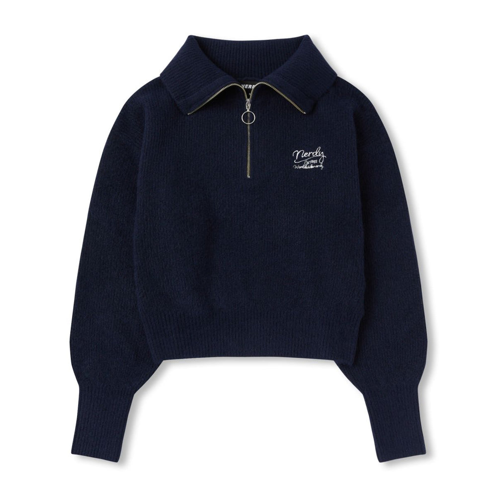 NERDY Lovely Letter Wool Blended Half Zip-Up Sweater Navy