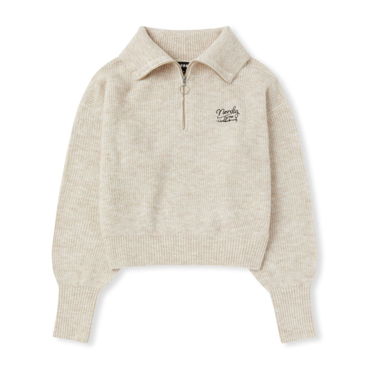 NERDY Lovely Letter Wool Blended Half Zip-Up Sweater Ivory