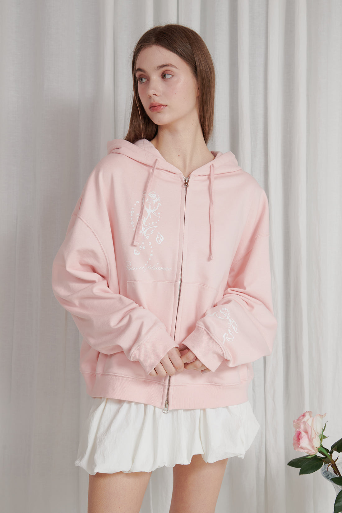 PAIN OR PLEASURE ROSE 2WAY HOOD ZIP UP PINK