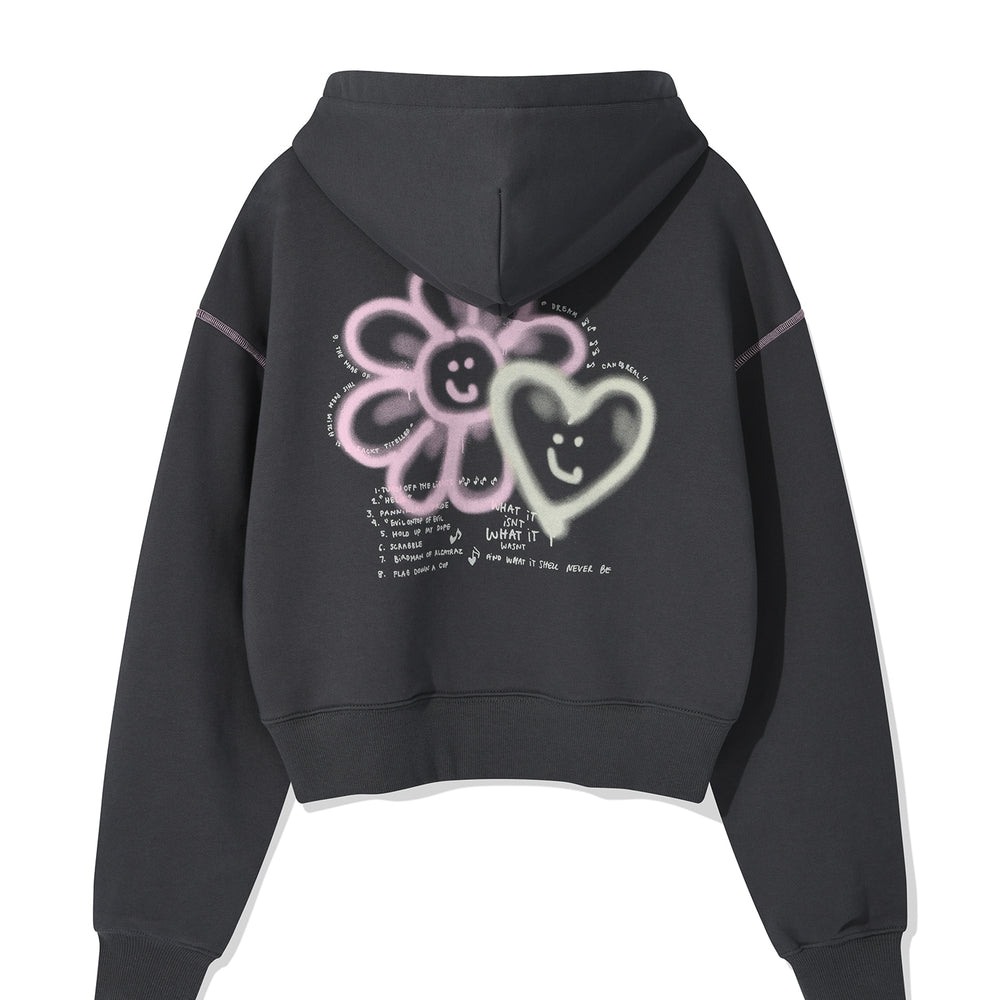 Flory Lovey Graphic Crop Hoodie Dark Grey