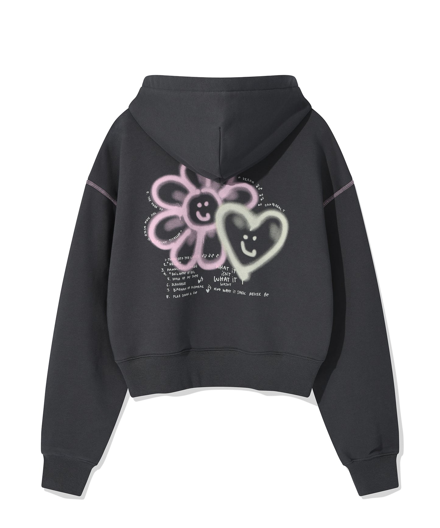 Flory Lovey Graphic Crop Hoodie Dark Grey