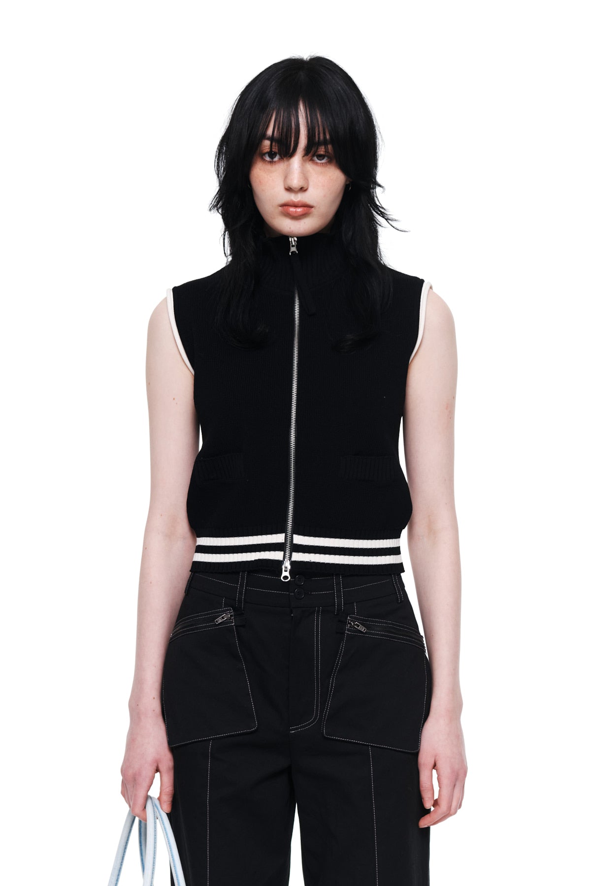 MATIN KIM SPELL POINT STRIPE KNIT VEST IN BLACK