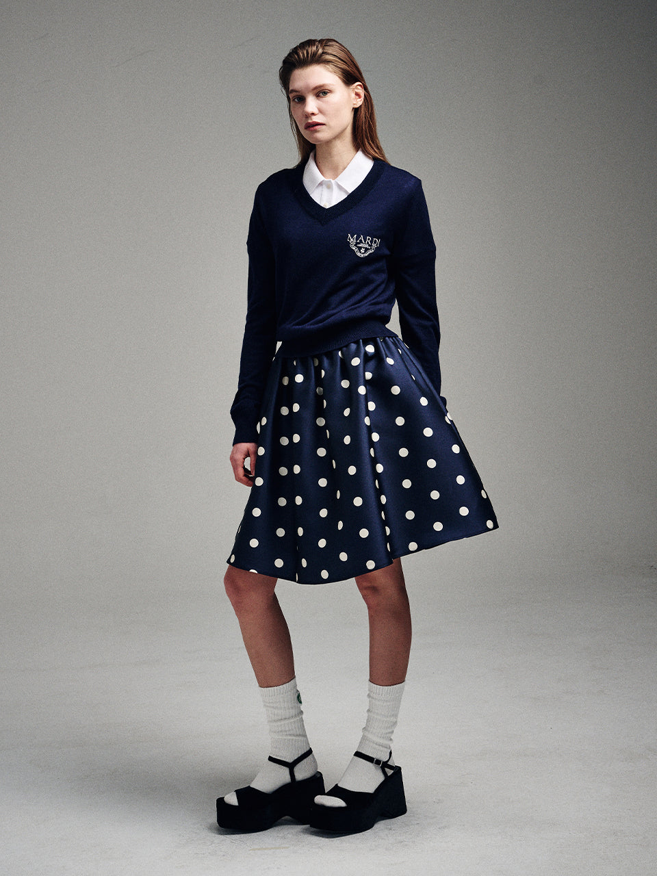 MARDI VOLUME MIDI SKIRT CRAPE DOT_NAVY